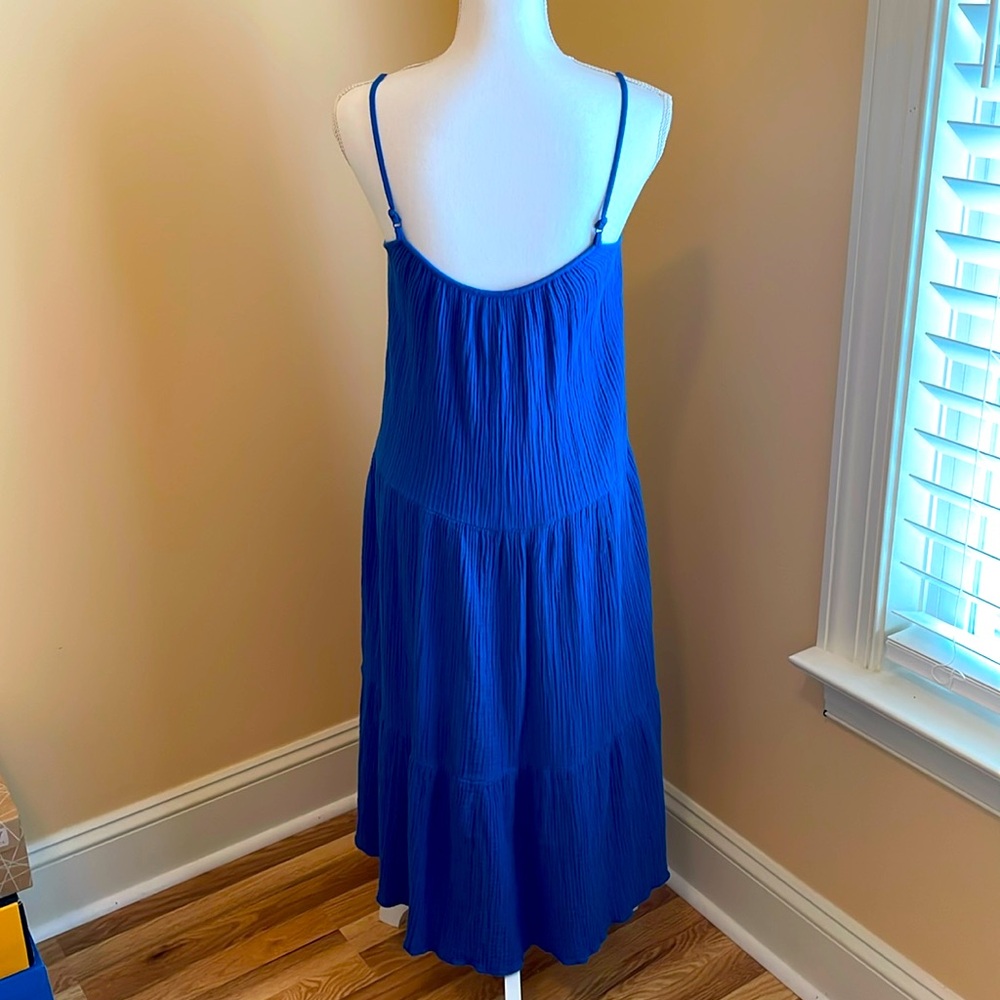 H&M Cobalt Blue Tiered Gauze Midi dress Crinkle Cotton Sundress Royal XS - Picture 3 of 9